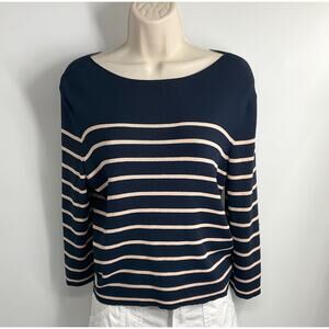 360 Sweater Italian Yarn Navy Blue Cream Stripes Top M Old Money Nautical Luxury